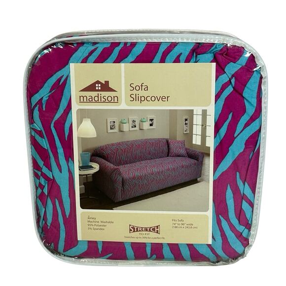 Madison Jersey Zebra Sofa Slipcover Pink and Blue fits 74 inch to 96 inch New - Picture 1 of 6